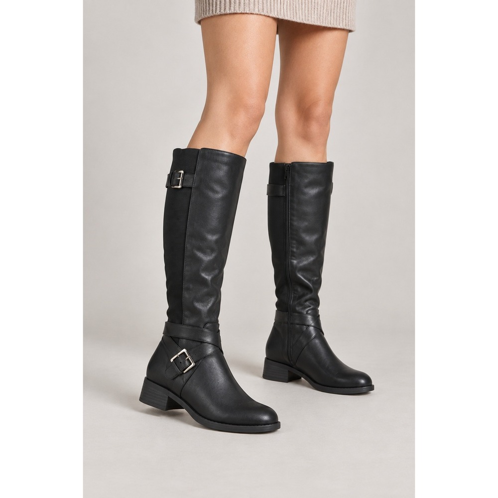 wide calf Black Knee High Riding Boots Women 8.5W Buckle Side Zip Low Block Heel